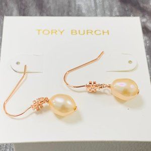 Tory Burch Earrings Kira Pearl Drop Earrings 12MM Peart Logo Rose Gold